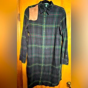 Ralph Lauren tartan plaid polo shirt dress with leather shoulder patch